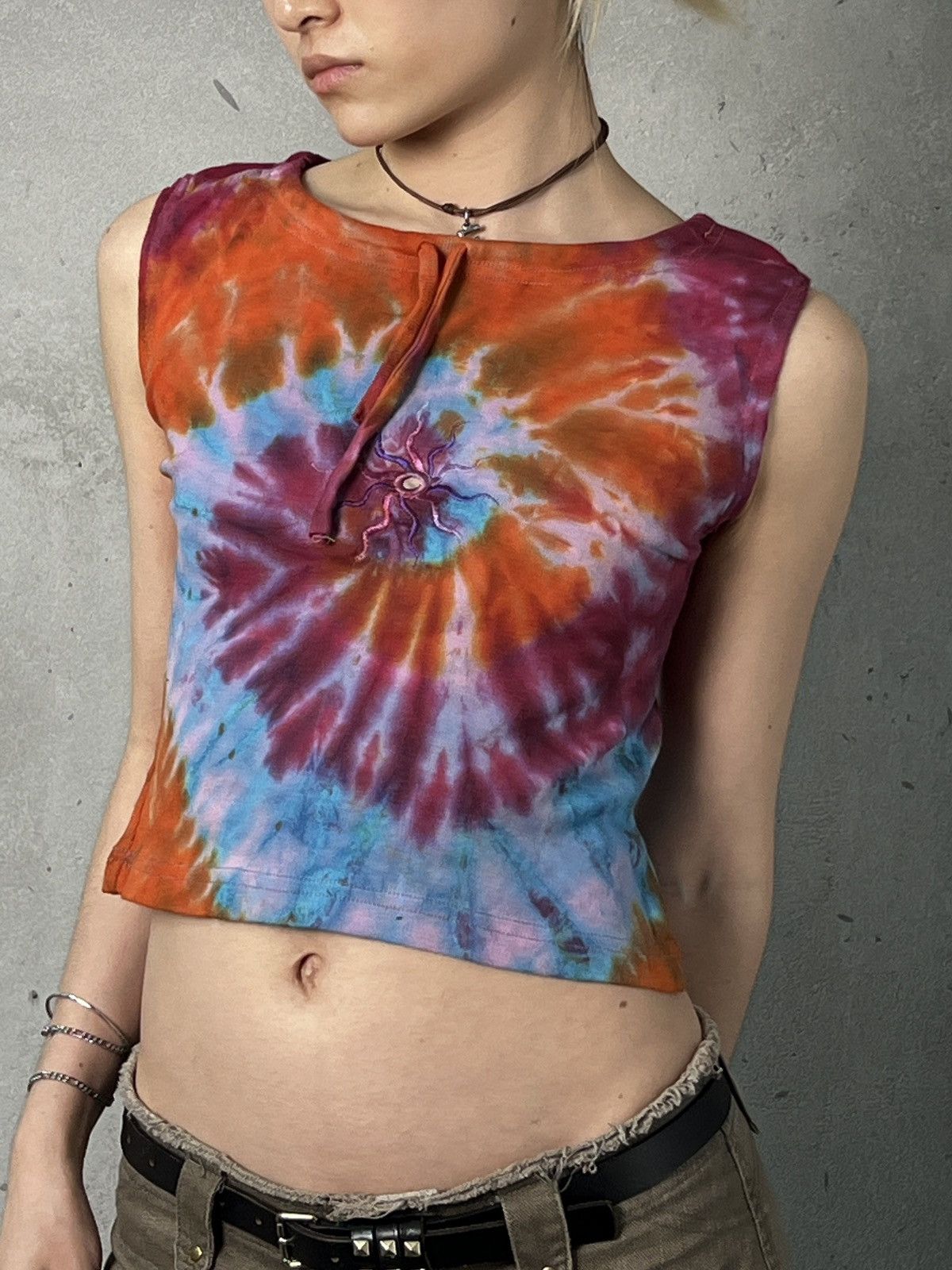 Deadstock Nepal Handmade Tie Dye Swirl Multicolor Crop Top - 2