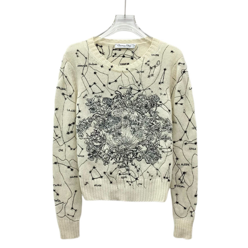 Dior Constellation Heavy Embroidery Cashmere Crew Neck Long Sleeve Knit Sweater Beige - 1
