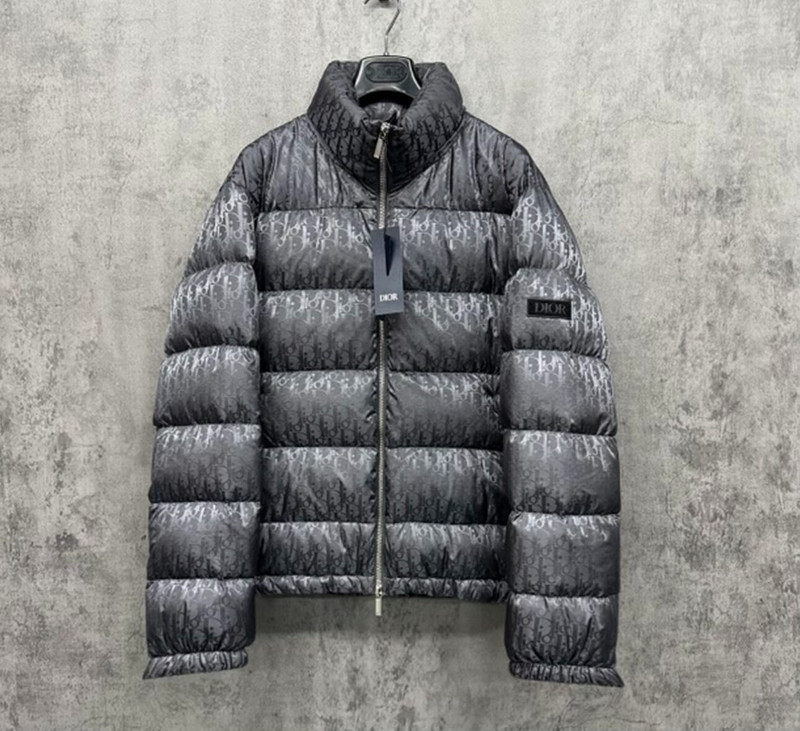Dior dark grey down jacket with all-over logo embroidery on the sleeve. - 1