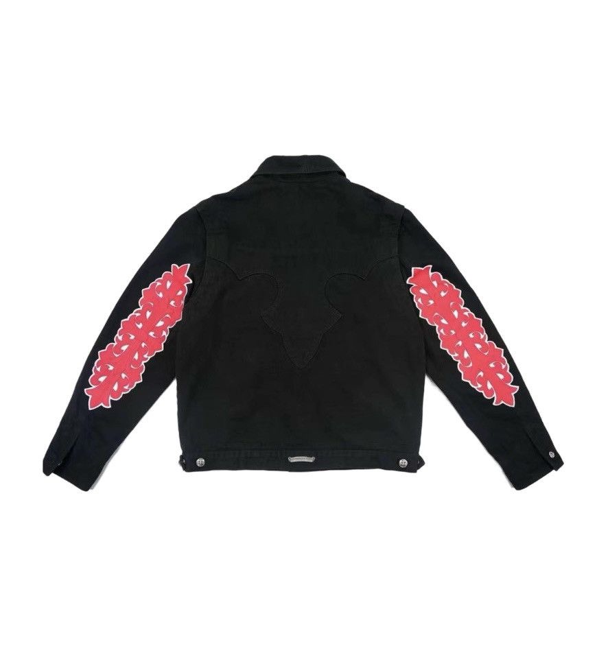 Leather fleur floral cross sleeve denim jacket - 1