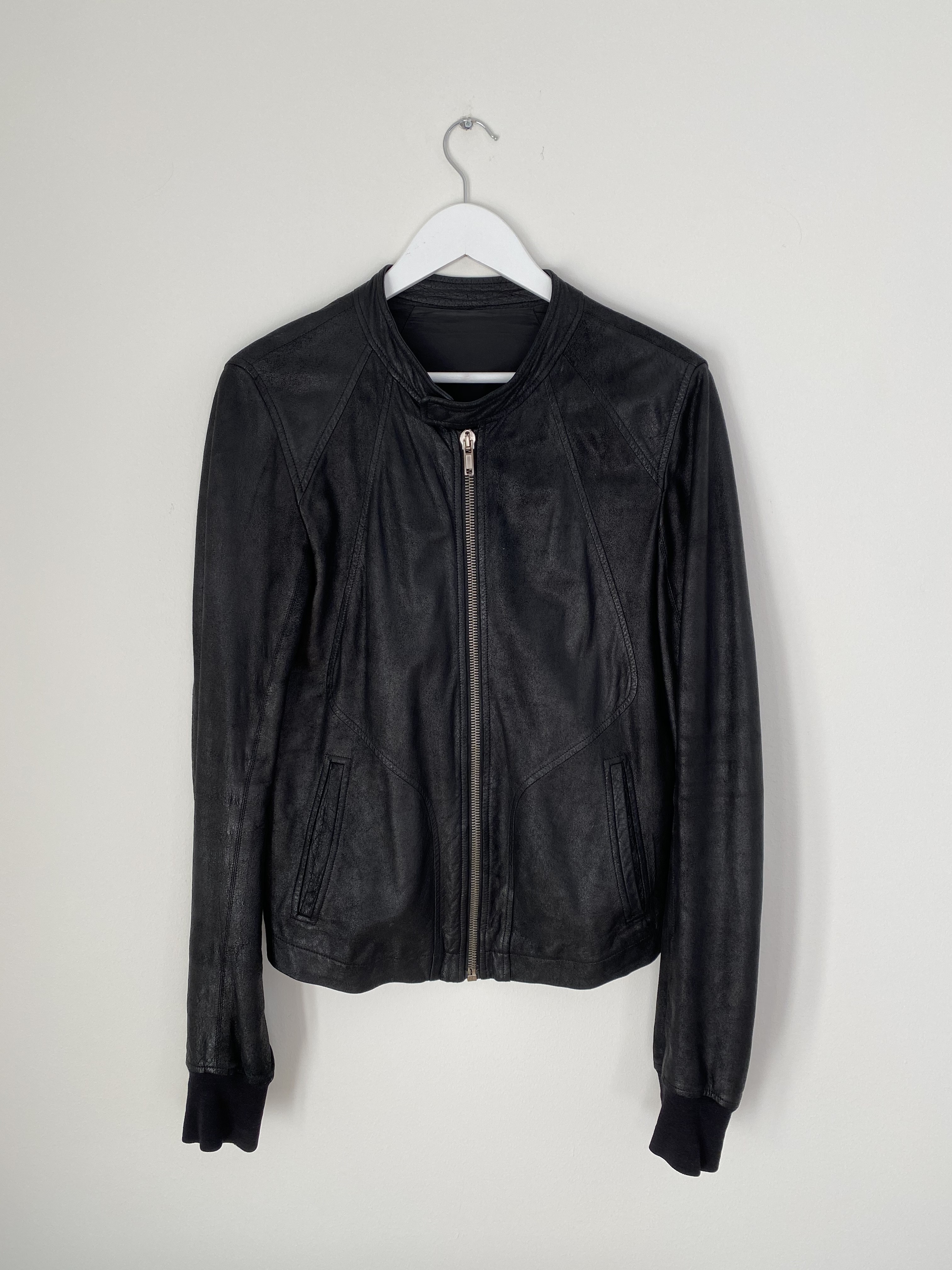 SS15 low neck intarsia blistered leather jacket