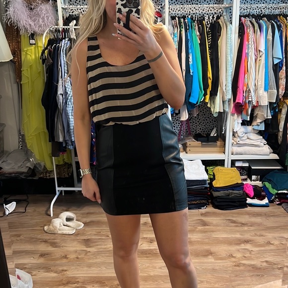 Lush Striped Blouson Dress with Faux Leather Panels - 6