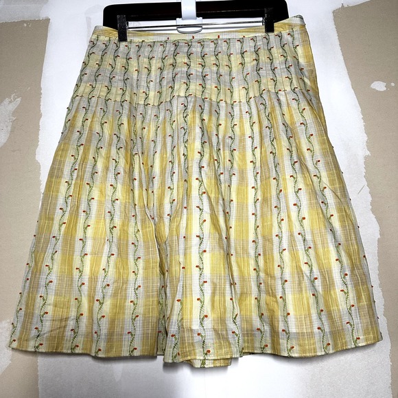 Vintage Free People Mini Skirt Embroidered Floral Pleated 100% Cotton Yellow 8 - 5