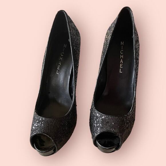 Michael Michael Kors Womans Glitter Sparkly Peeptoe Black Pumps Heels Size 7.5 - 5