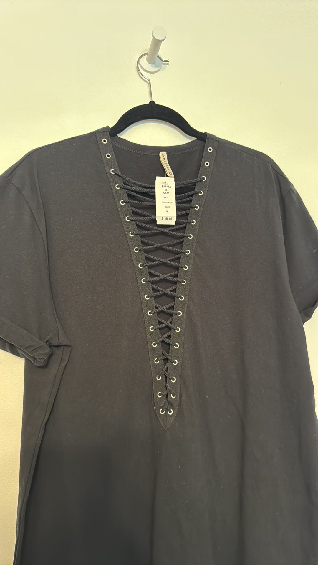 LF Emma & Sam Black Lace-up Ladder Front Grommet Oversized T-shirt - 6