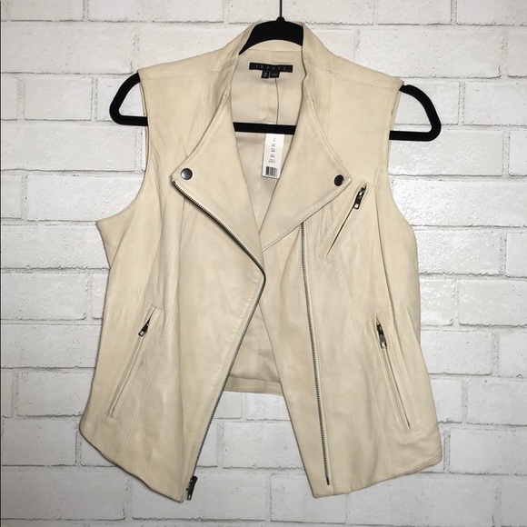 Theory Zida Leather Moto Vest in Bone - 1