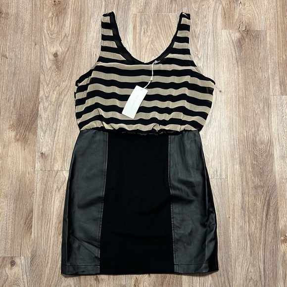 Lush Striped Blouson Dress with Faux Leather Panels - 12