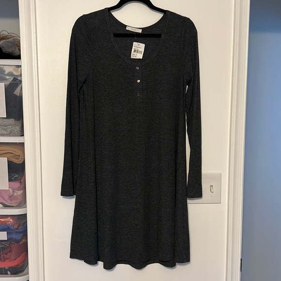 Lush Charcoal Ribbed Henley Long Sleeve Dress - 1