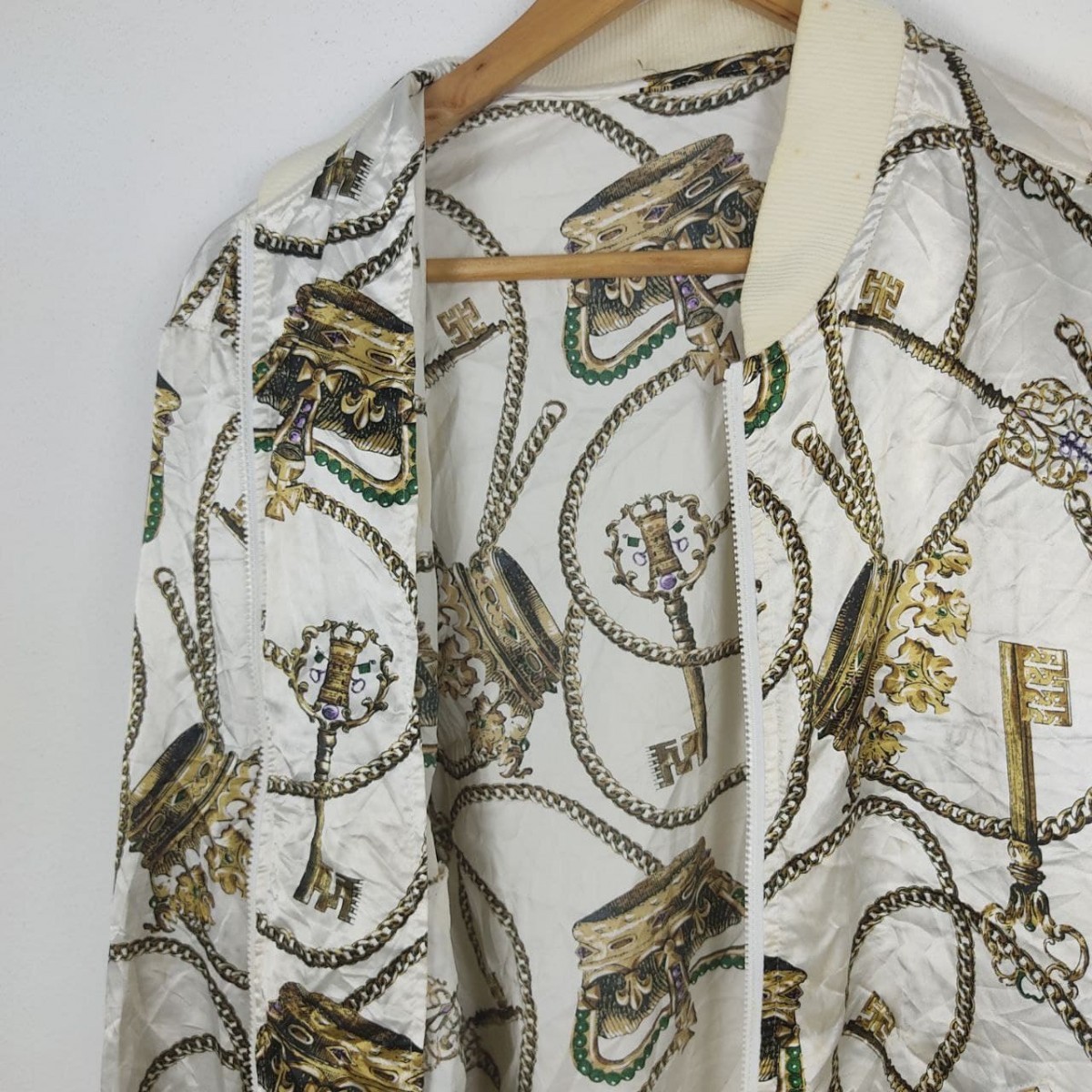 Designer - Vintage Full Printed Cross Crown Satin Silk Jacket - 6