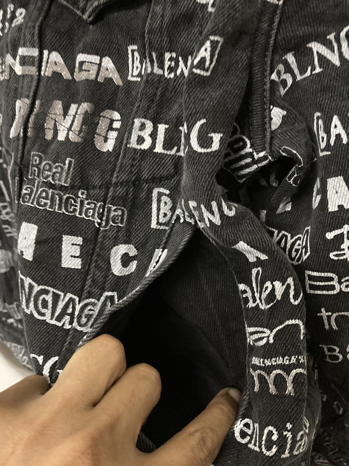 Authentic Balenciaga All Over Logo Printed Denim Jacket - 11