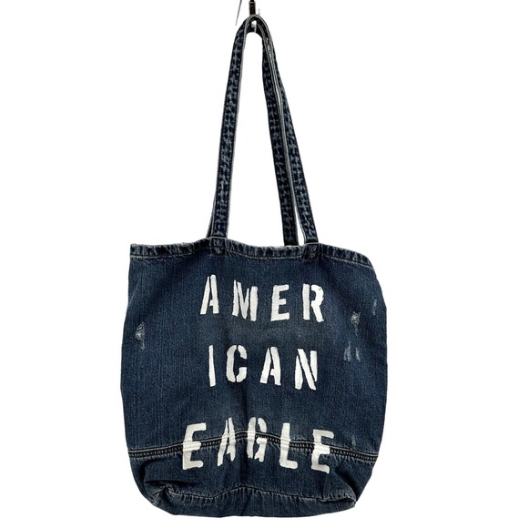 American Eagle Outfitters Denim Tote Beach Bag Distressed Logo Cotton One Size - 1