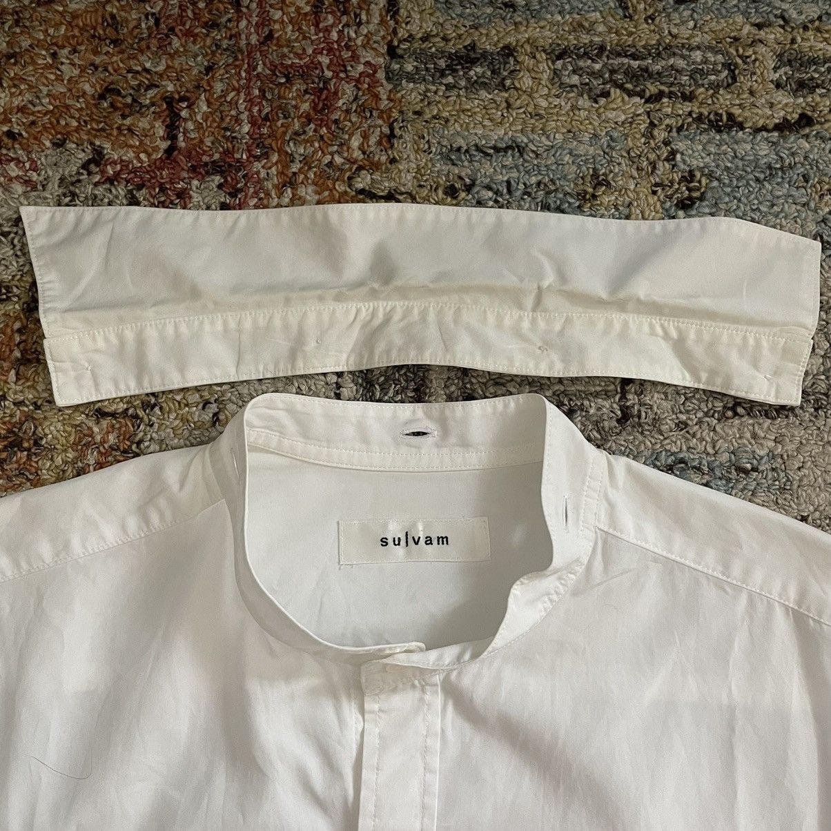 Sulvam - asymmetry detachable collar buttonup shirt cotton white - 4