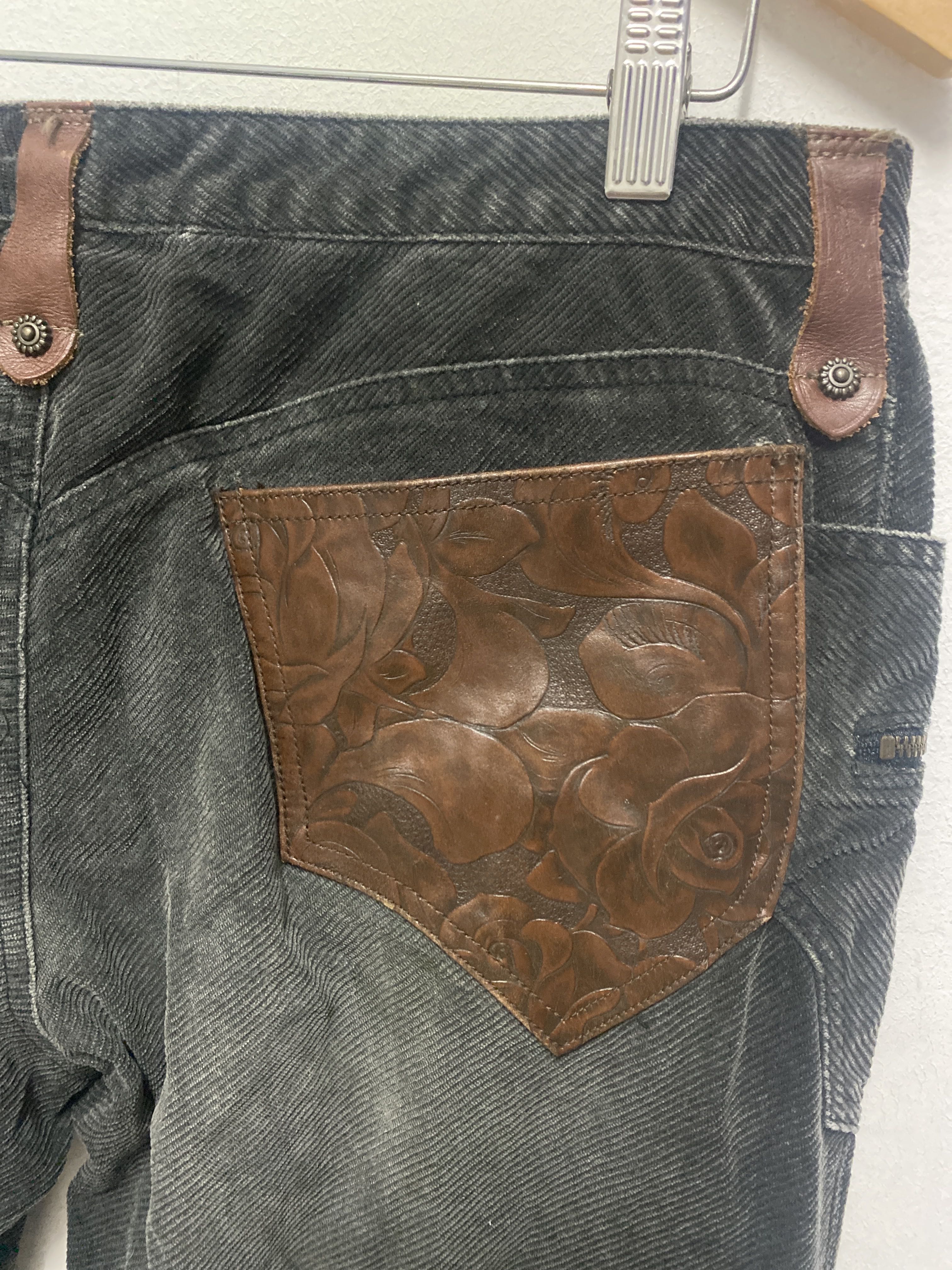 Obelisk Japan Corduroy Flare Pants Distressed Brown Leather Floral Back Pocket - 6