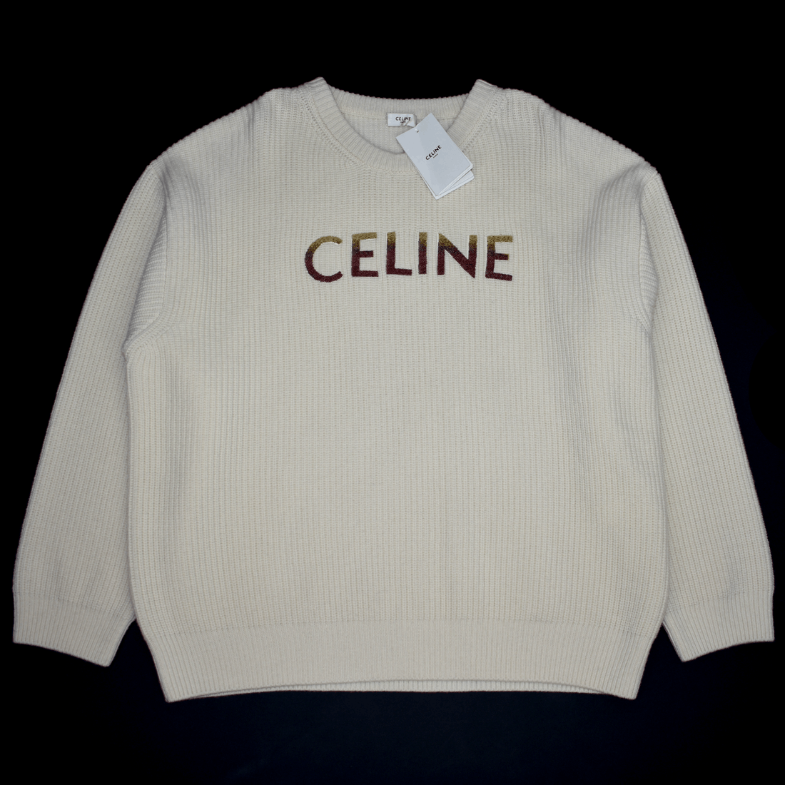 CELINE Cream Wool Sequin Logo Crewneck Sweater - 1