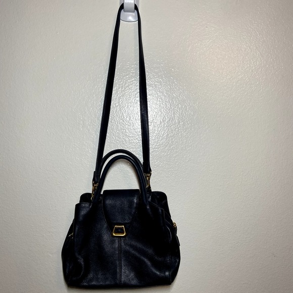 Liz Claiborne Leather Co Shoulder Bag Gold Plated Detail Zip Pockets Navy Blue - 2