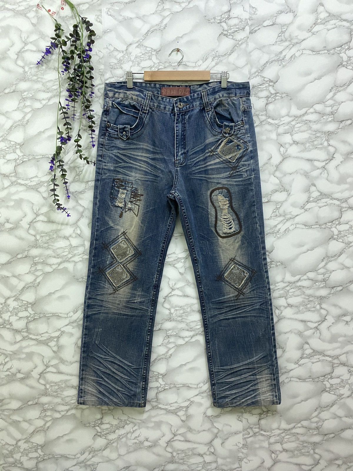 Designer - Vintage ZHAO DAO Patches Distressed Denim Jean - 1