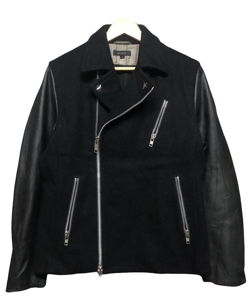 Rare🔥Nano Universe Black Leathe Bikers Jacket Double Collar - 2