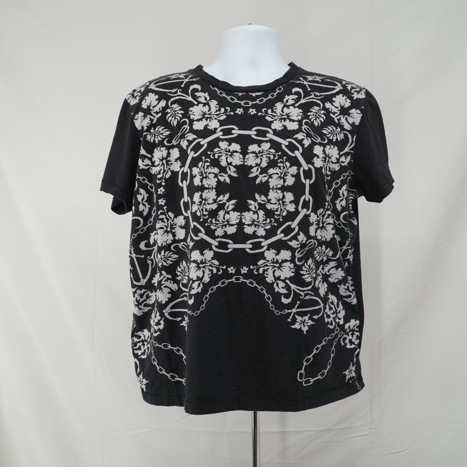 Black White Printed Shirt Floral Chains Anchor Hawaiian Tee - 1