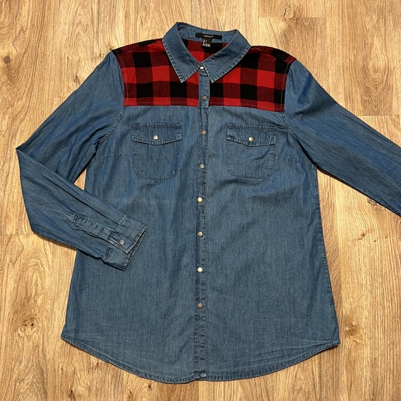 Forever 21 Buffalo Plaid Chambray Shirt - 1