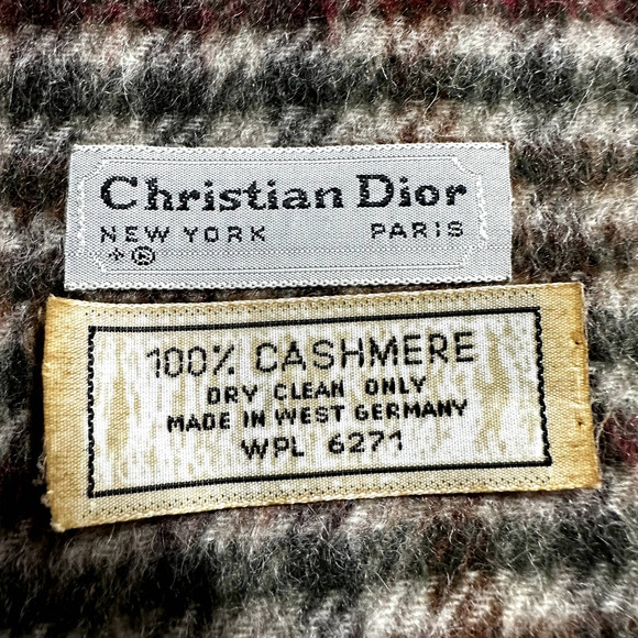 Christian Dior Scarf Wrap 100% Cashmere Fringed Hem Gingham Plaid Gray - 2