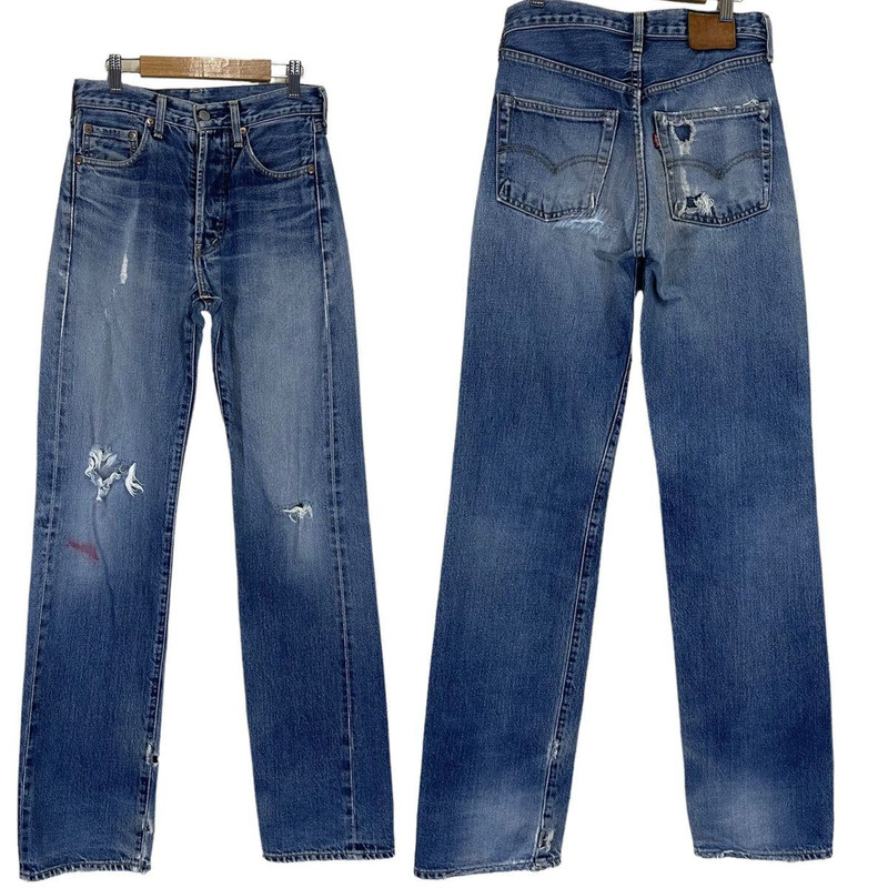 Vintage 90s Levis Big E Ripped Selvedge Jeans 26x33.5 - 1