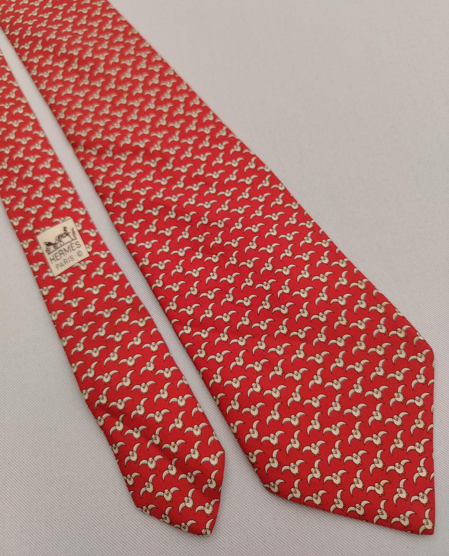 Vintage Hermes Paris 5192 IA Silk Designer Necktie Whimsical Seagull Pattern Red Used Tie France - 6