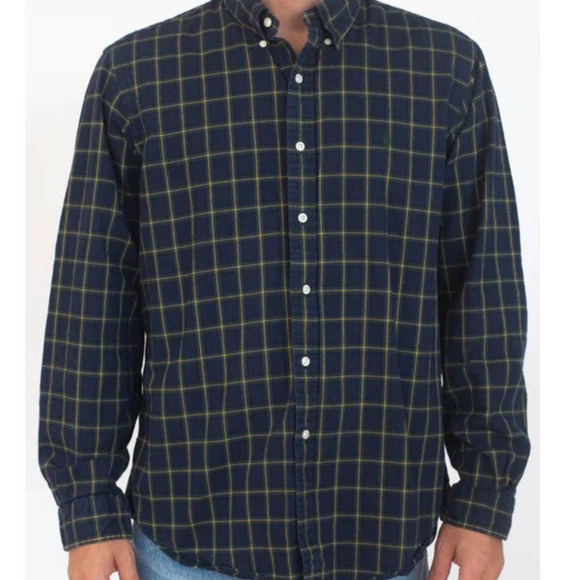 Ralph Lauren Shirt Plaid Button Down Long Sleeve 100% Cotton Navy Blue Medium - 1