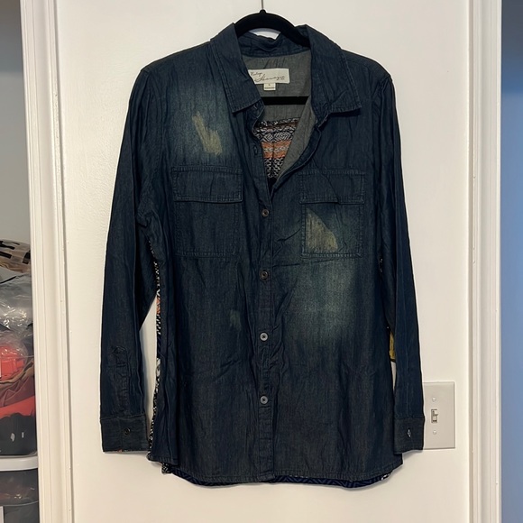 Vintage Havana Distressed Aztec Knit Back Western Denim Shirt - 1