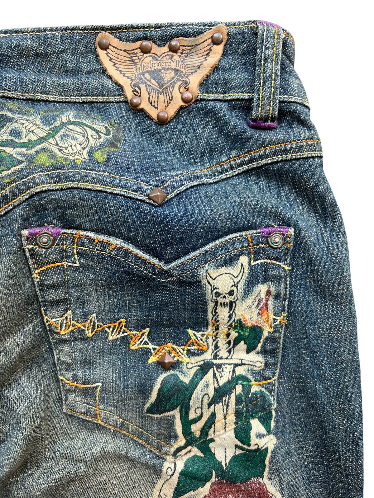 Archival Clothing - Vintage Gotchic Bones Mudwash Punk Flare Denim Jeans 28x33 - 10