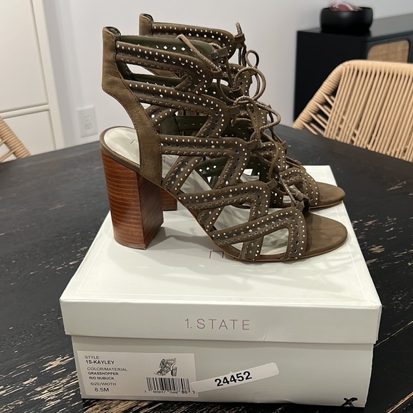 1. State - 1.State Kayley Olive Green Caged Embellished Lace Up Block Heels - 2