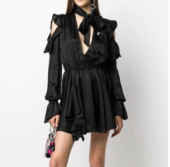 Off-White Black Ruffled Tie Logo Dress - 1