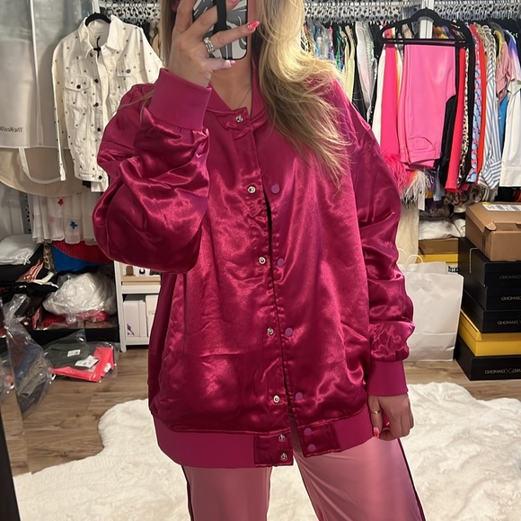 Azalea Wang Pink Oversized Satin Bomber Jacket - 13