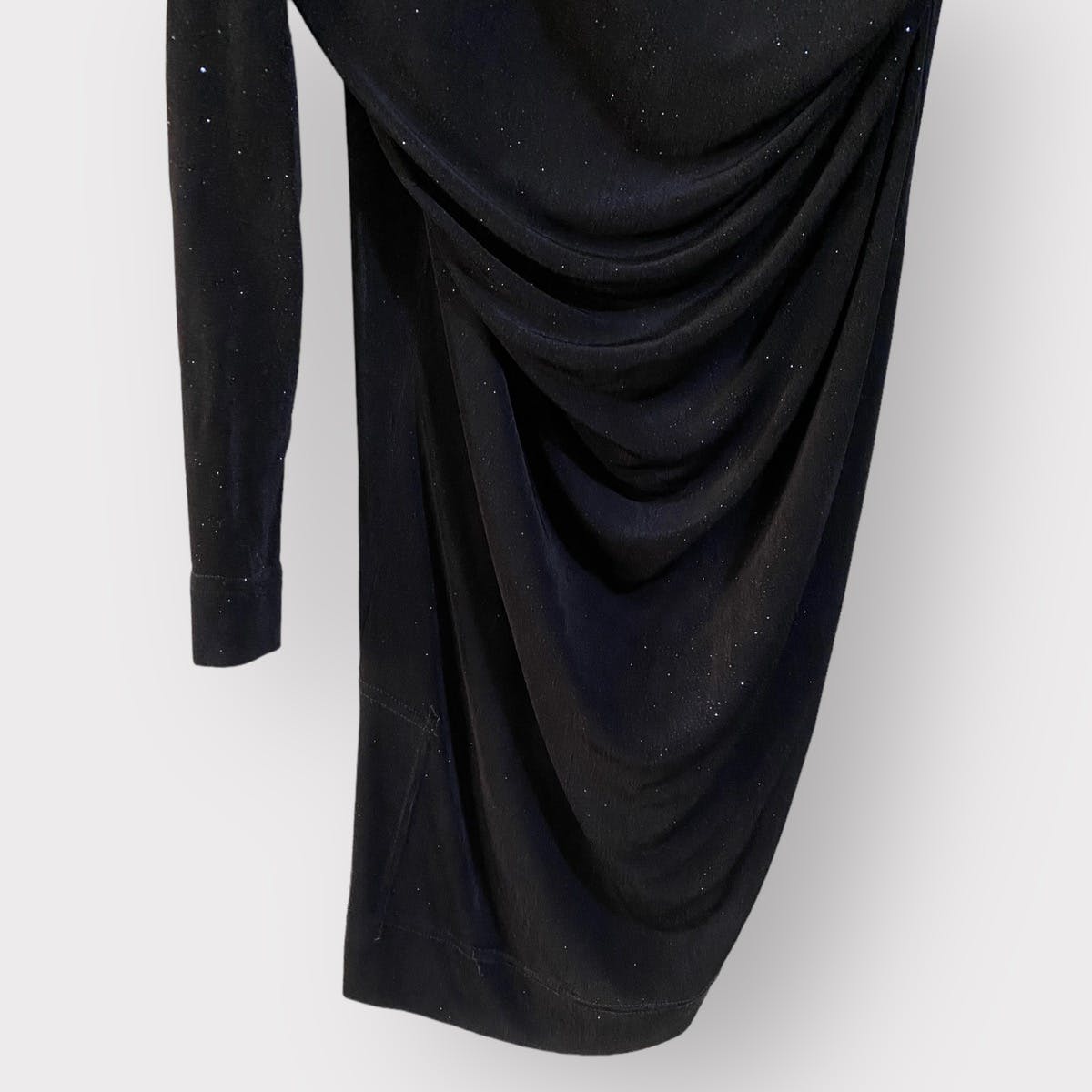 Black Glitter Cowl Collar Asymmetric Drape Dress - 4