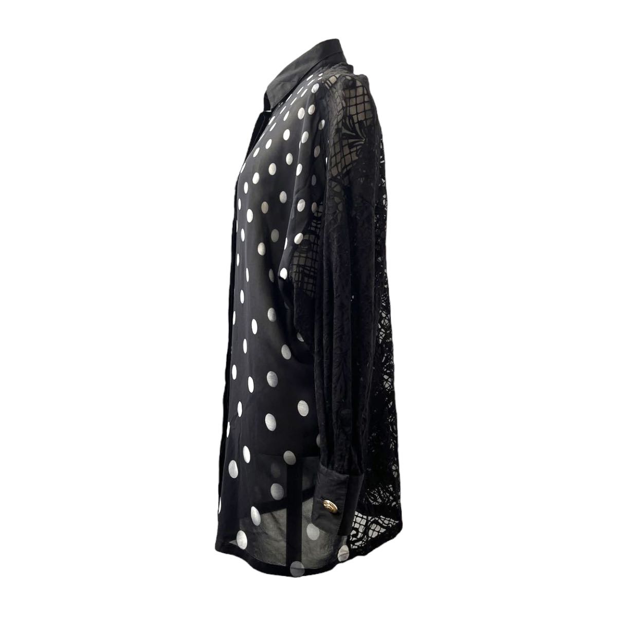 Vintage Gianni Versace Couture Sheer Polka Dot Button-Down Tunic with Burnout Lace Back and Sleeves - 3
