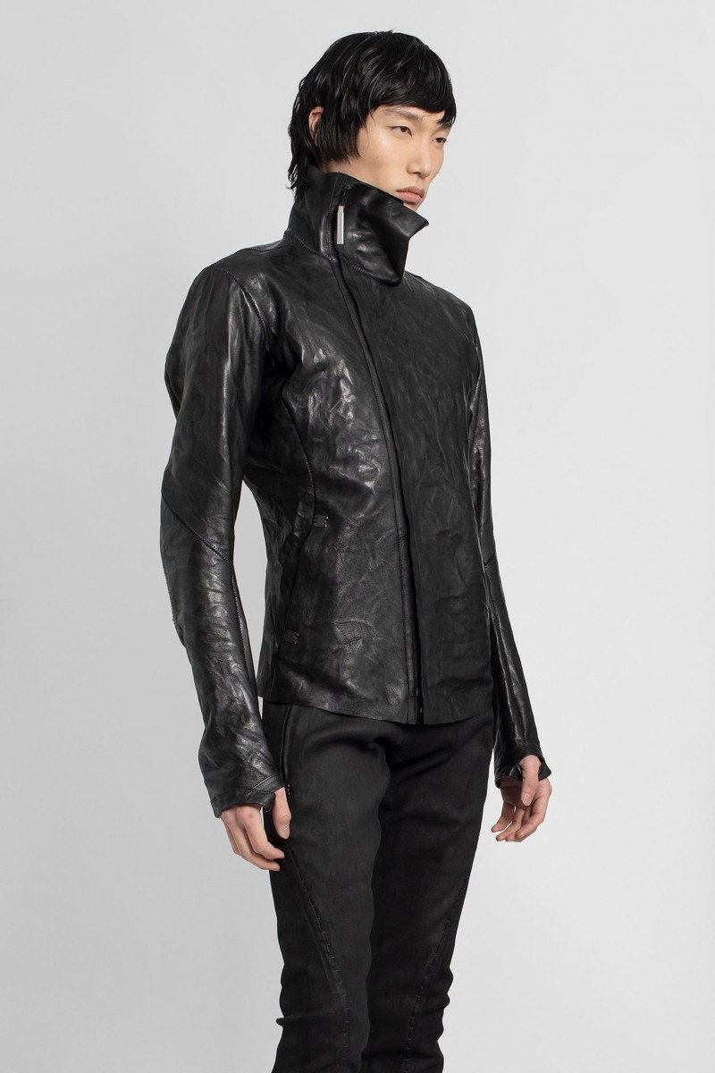 Black high-neck unlined asymmetric leather jacket - 6