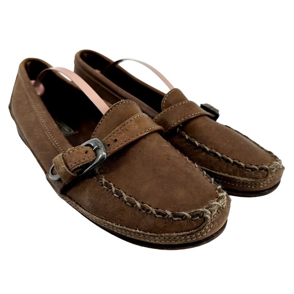 Vintage Ralph Lauren Country Buckle Loafers Slip On Round Toe Heel Suede Brown 9 - 1