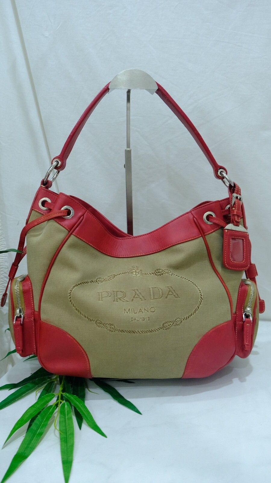 Authentic Prada Jacquard canvas red leather handbag - 2