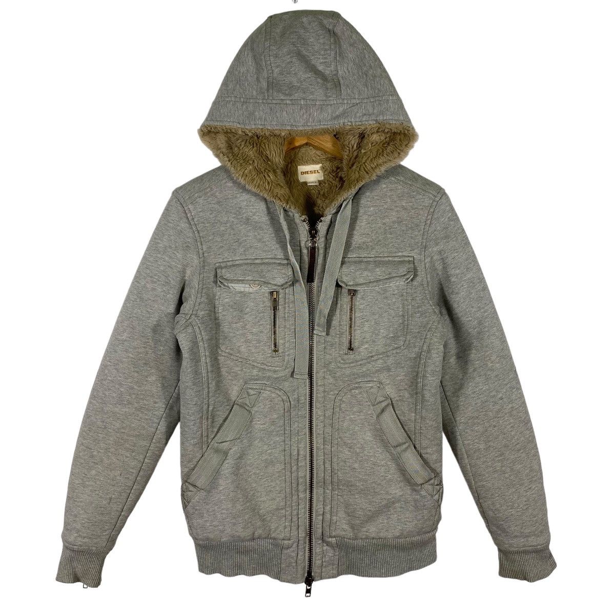 Diesel Heavyweight Faux Fur Gray Lined Hoodie Jacket - 1