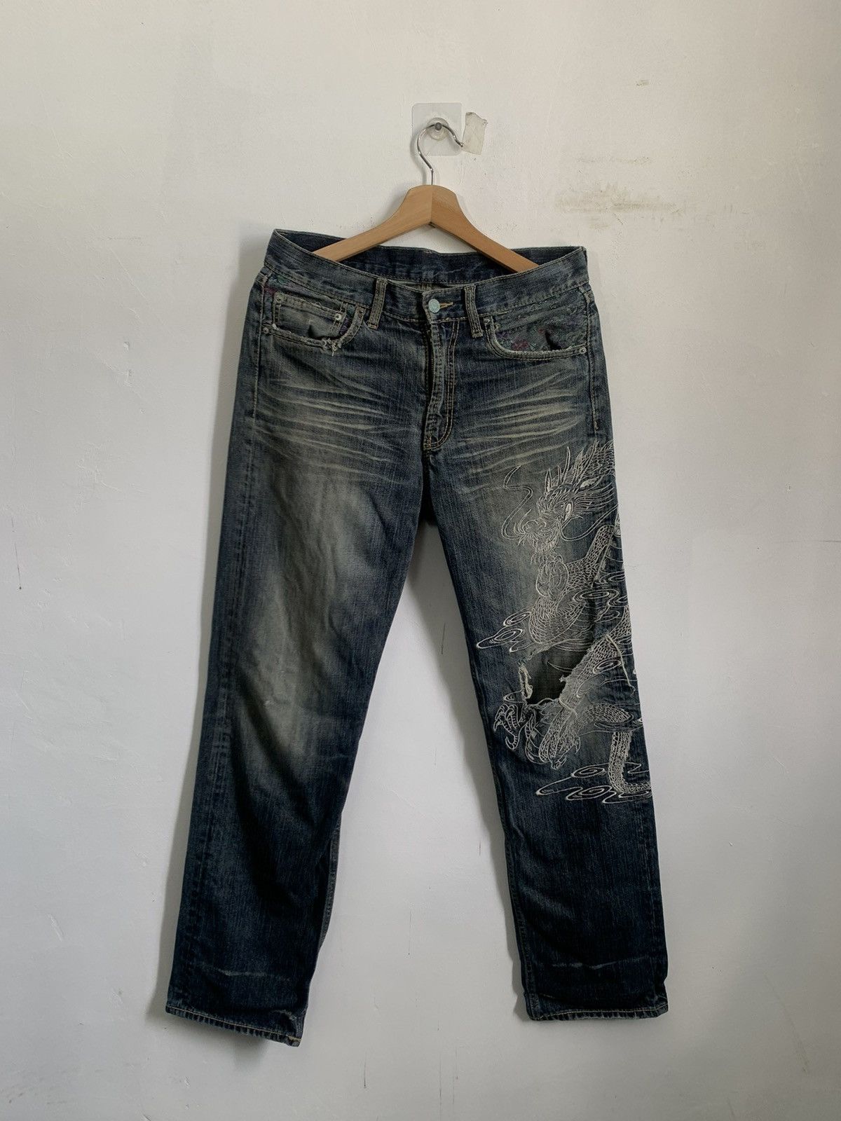 Distressed Denim - Sukajan Dragon Embroidered Distress Denim Jeans - 1