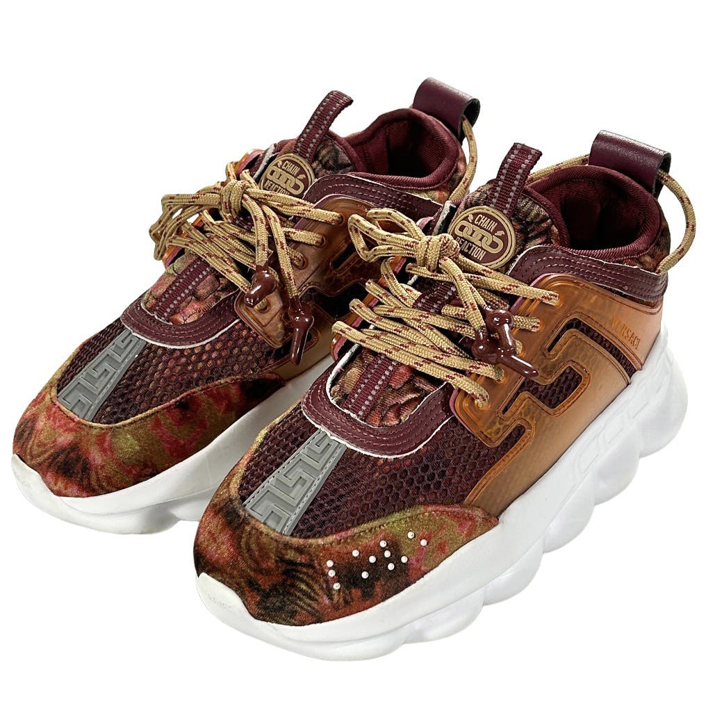 Versace Burgundy Chain Reaction Mesh Velvet Sneakers in Red for