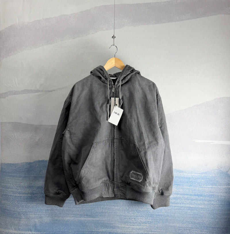 Dior Washed Grey Hooded Denim Jacket with Embroidered Logo Patch and Slogan - 1