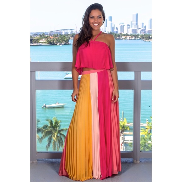 Aura - Pink Pleated Multi Color Two Piece Set Maxi + Crop - 2