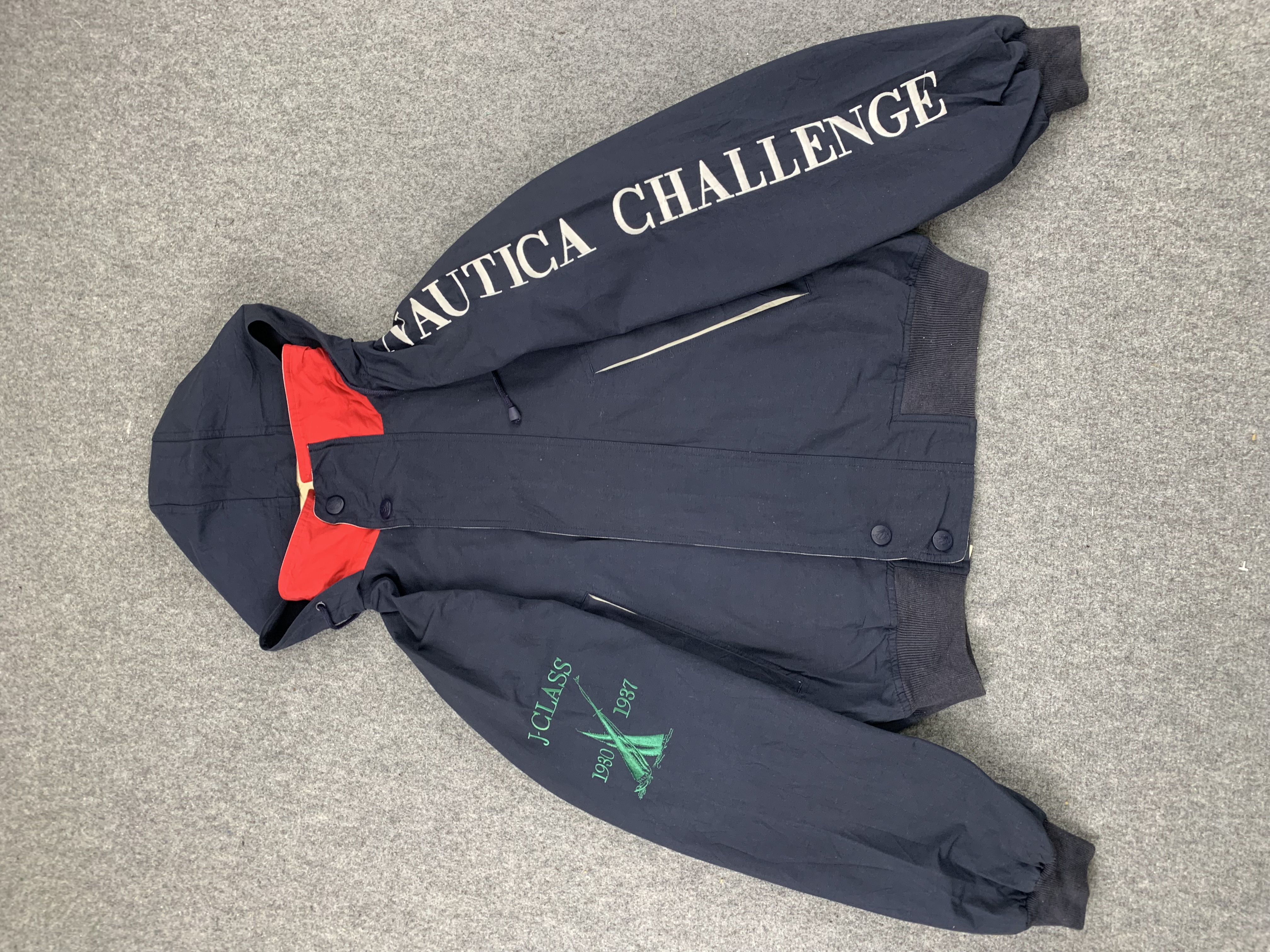 VINTAGE 90’s NAUTICA SPELLOUT CHALLENGE J-CLASS HOODED SAILING JACKET SZ L