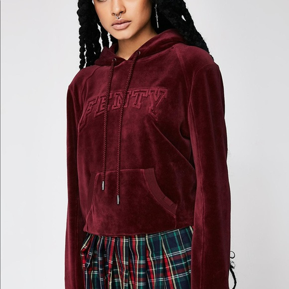 Puma by Rihanna Fenty Cropped Sweatshirt Velour Drawstring Hoodie Pullover Red S - 1
