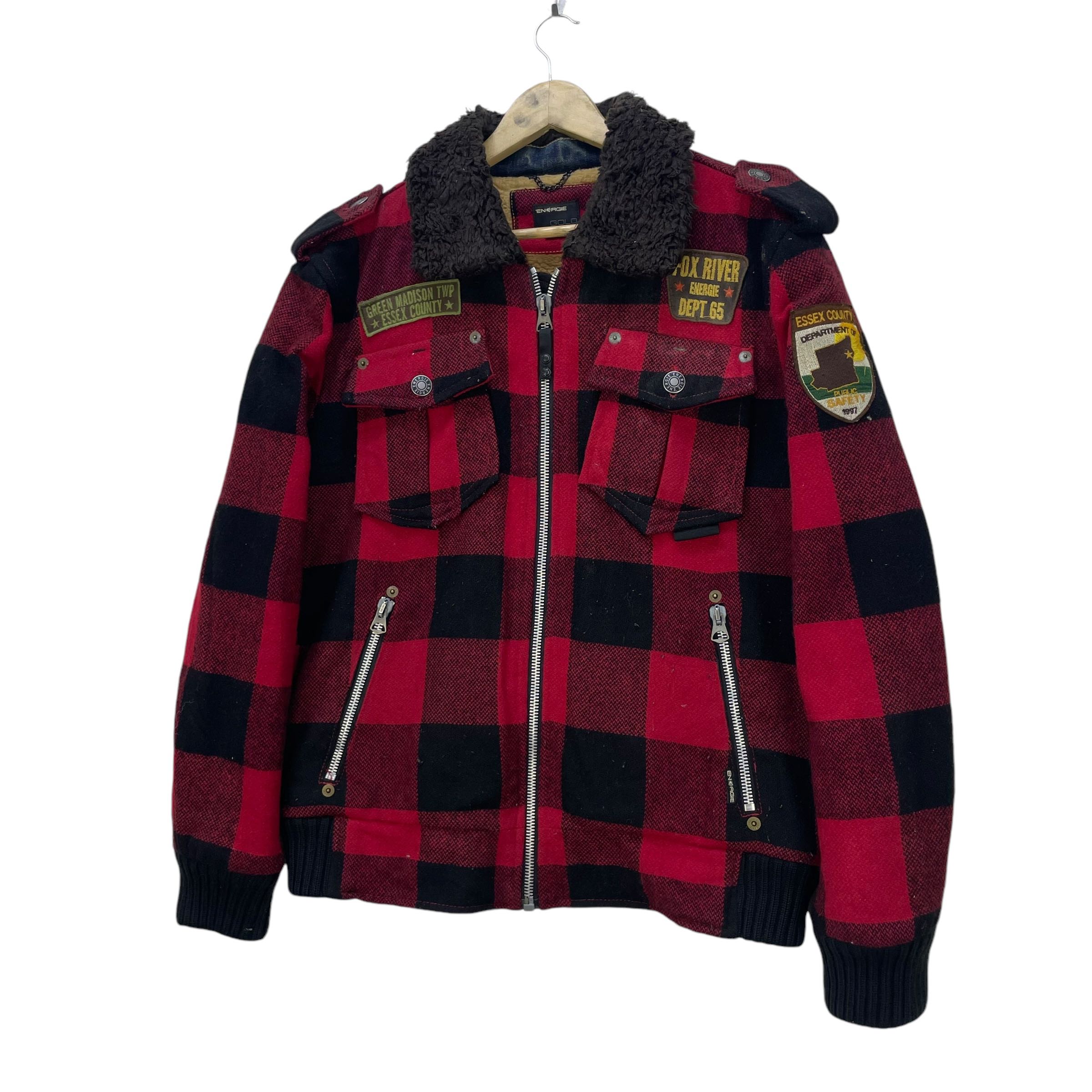 Vtg Energie Gold X Sixty Fox River Pacth Buffalo Plaid Shearling Jacket - 5