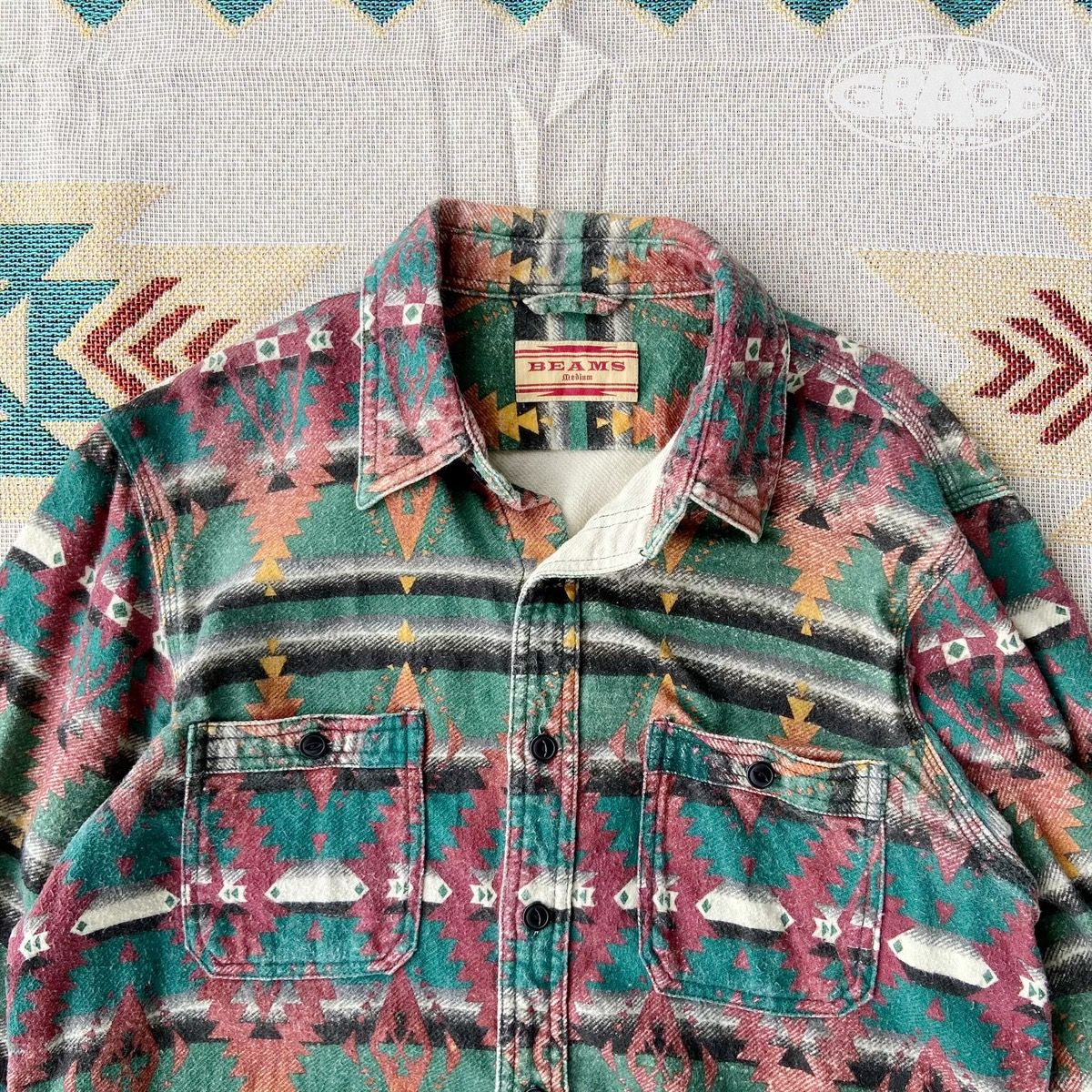 BEAMS Aztec Long Sleeve Button Up Shirt Navajo - 2