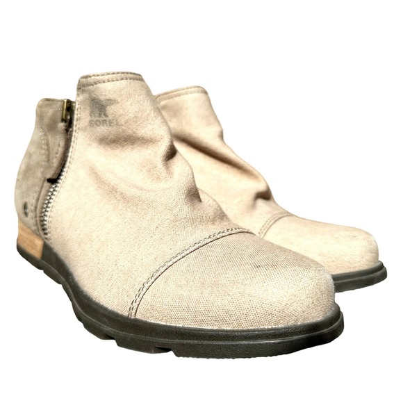 Sorel Major Low Cut Ankle Boots Almond Toe Side Zip Logo Canvas Cream 9 - 2