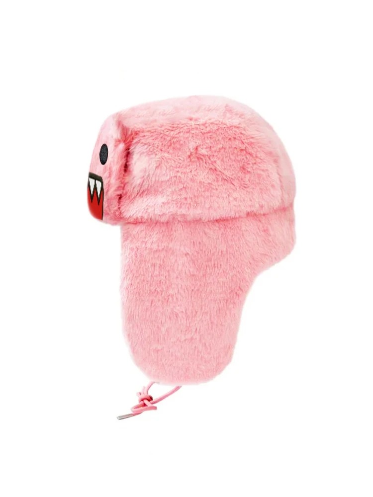 Domo Kun Pink Cartoon Y2K Soft Ushanka Trapper Hat - Embroidered Character, Ear Flaps, Unisex