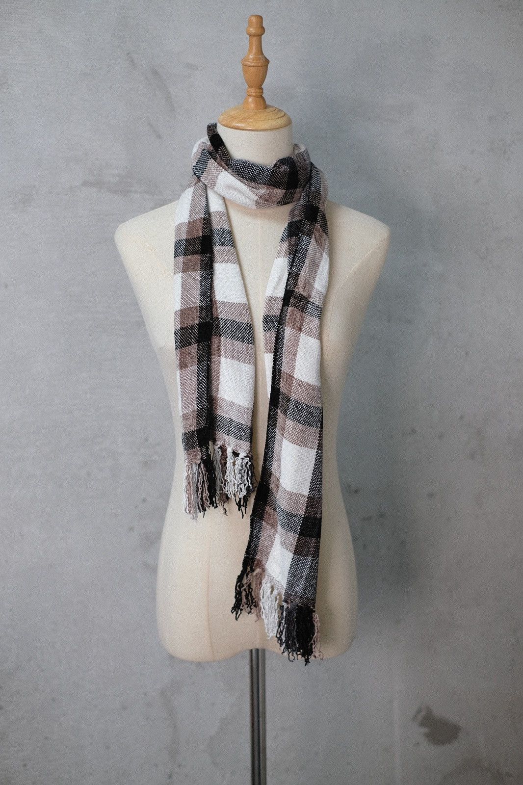 Japanese Brand - Deadstock Cozy Brown White Checked Scarf OS Unisex - 1