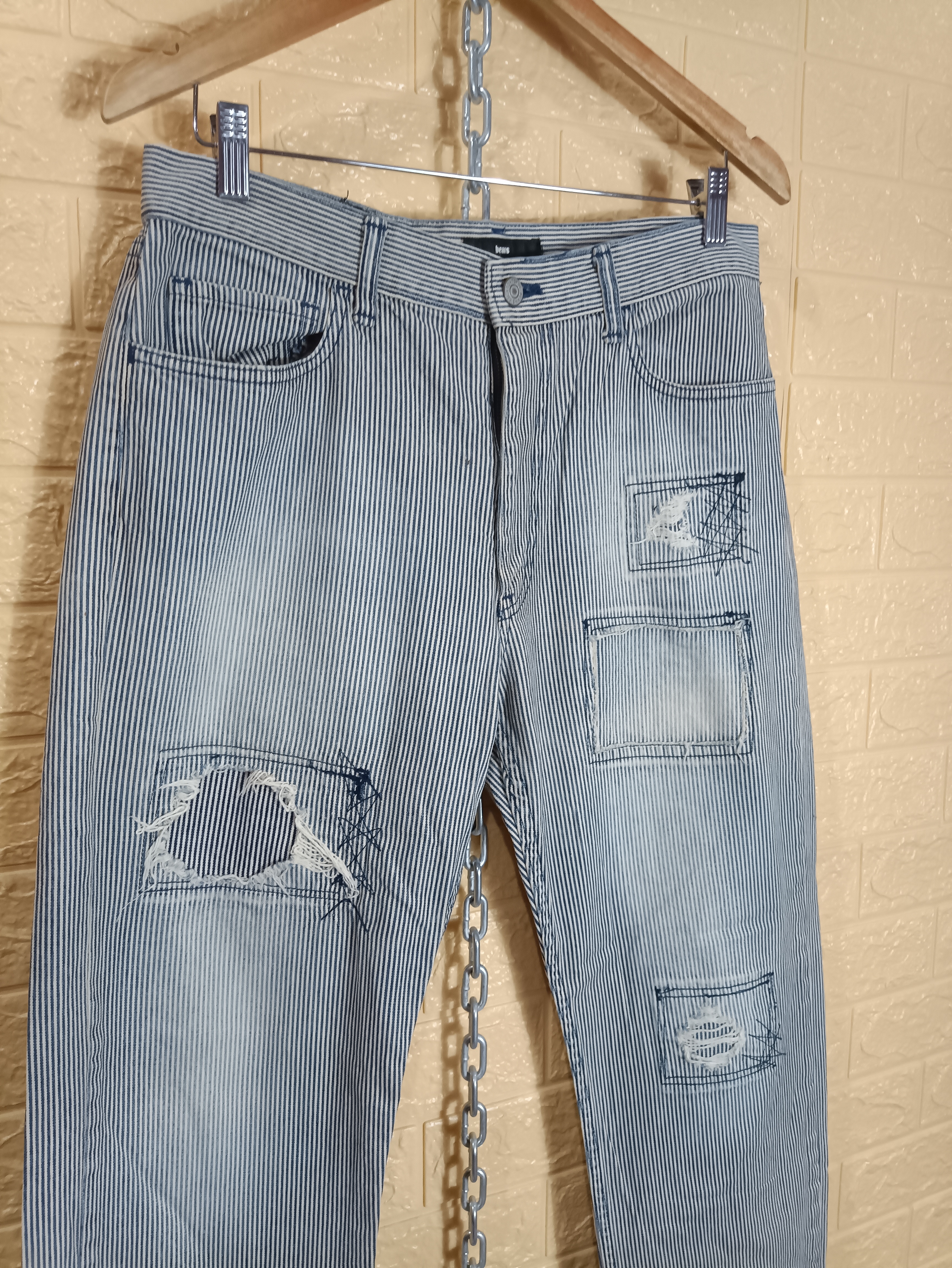 Beams Hickory Stripes Fashion Distressed Denim Pants - 3